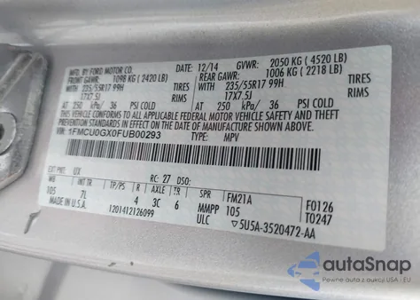 2015 Ford Escape Se из США, поврежденный, VIN 1FMCU0GX0FUB00293